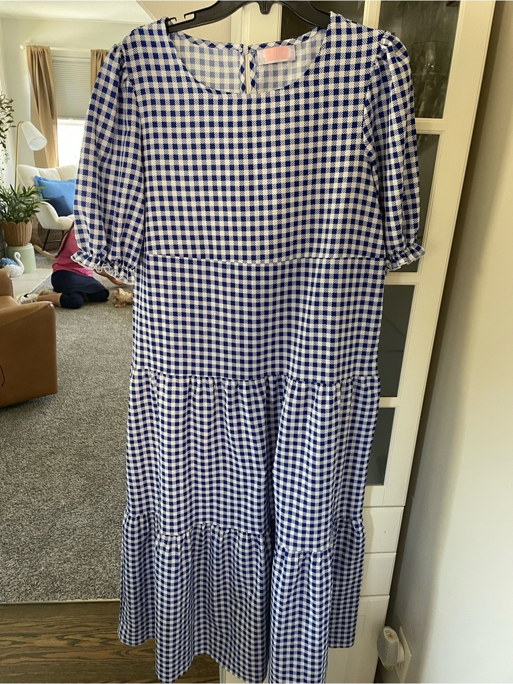 Blue and White Gingham Tiered Midi Dress